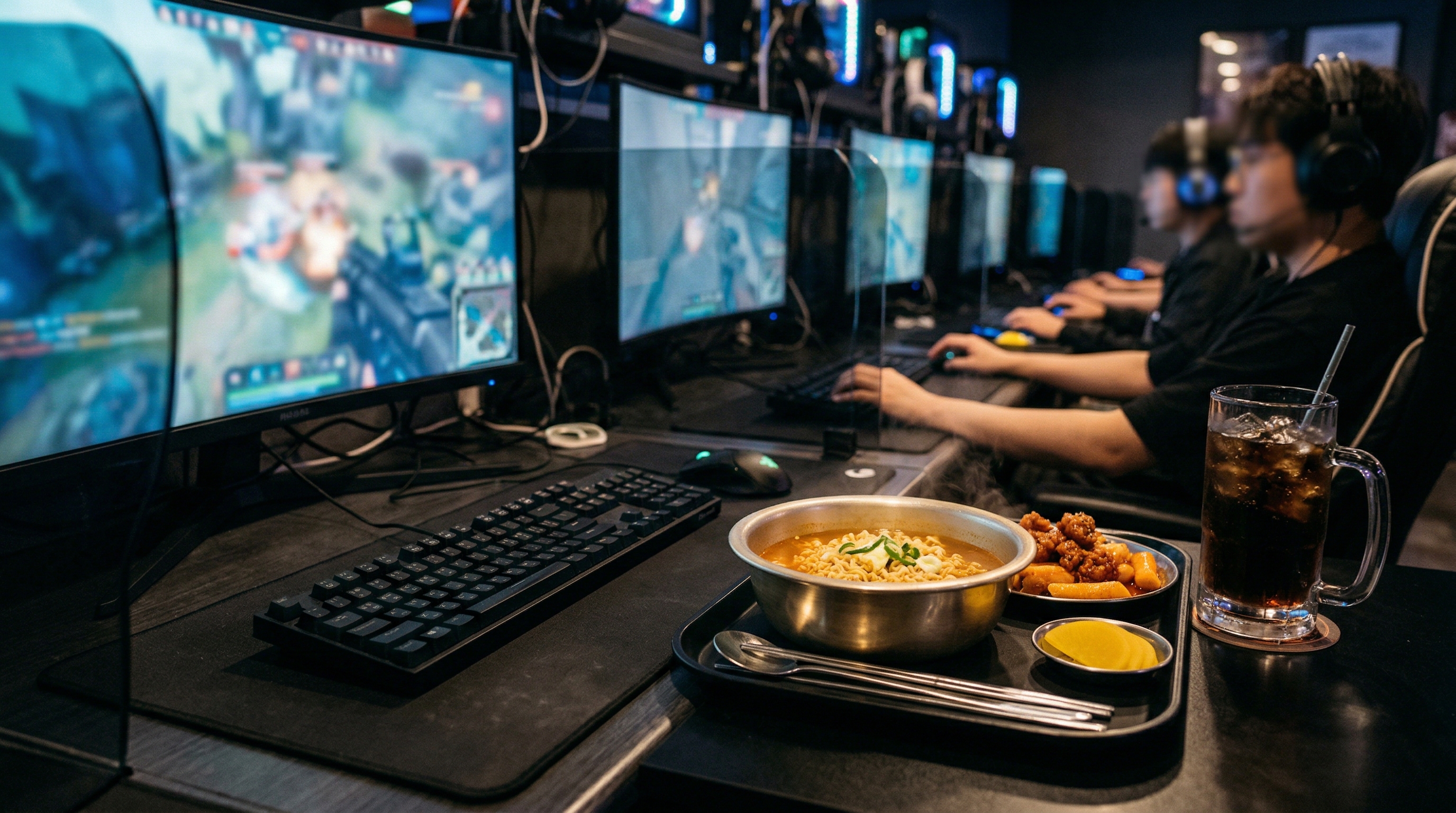 A Korean PC bang desk setup with ramen and snacks served beside a gaming station.